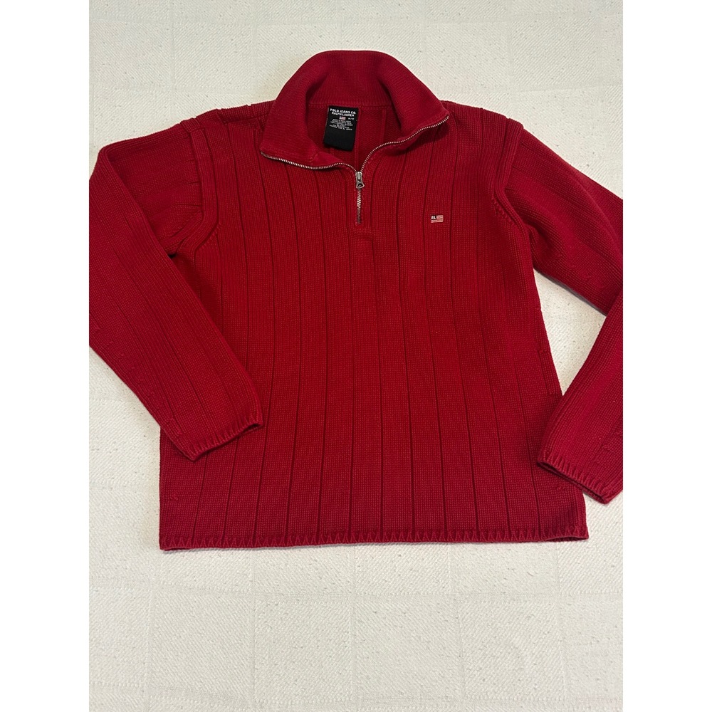 Polo Jeans Co Ralph Lauren Mens Red Ribbed Cotton Quarter Zip Sweater Size M